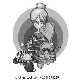woman grandma sits in a Chair and knitting needles striped, cat sleep on her knitting around the scattered balls, cartoon cute smiling character