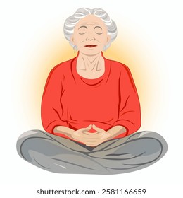 Woman. Grandmother. Meditation. Yoga. Vector graphics. Postcart. Banner. Flyer. Brochure. Poster.