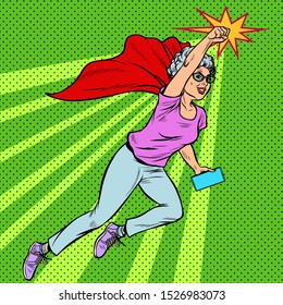 Woman grandmother superhero flying active strong pensioner elderly lady. Pop art retro vector illustration drawing vintage kitsch