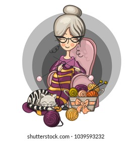 woman Granny sits in a Chair and knits knitting needles striped, cat sleeps on her knitting around the scattered balls, cartoon cute smiling character