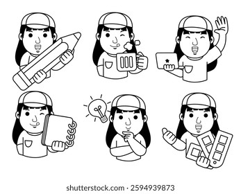 woman graphic designer cartoon character line art