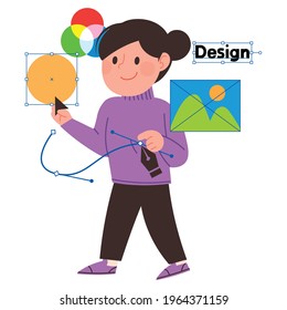 Woman graphic designer character. Woman with design elements.