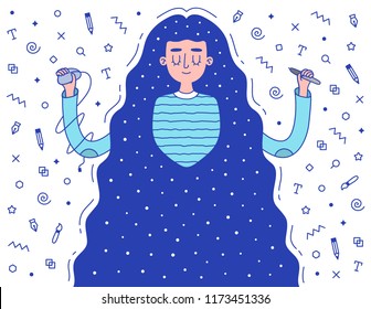 Woman Graphic Designer. Cute Girl. Designer Tools. Vector Flat Illustration.