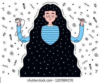 Woman graphic designer. Cute girl with designer tools. Vector flat illustration.