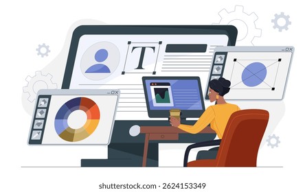 Woman graphic designer sitting at desk using design software on multiple screens with color palettes, typography, and layout tools on white background. Concept of digital creativity. Vector