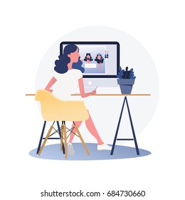 Woman Graphic Designer Working On Computer While Sitting At The Table Indoors. Vector Illustration