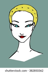 Woman graphic with short blond hair.