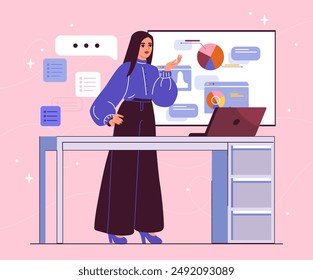 Woman with graphs. Young girl with laptop near flipchart with diagram. Working with statistics and infographics, data visualization. Flat vector illustration isolated on pink background