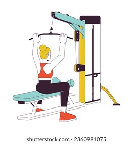 Woman grasping bar on lat pulldown machine flat line color vector character. Editable outline full body person on white. Increasing back muscles simple cartoon spot illustration for web graphic design