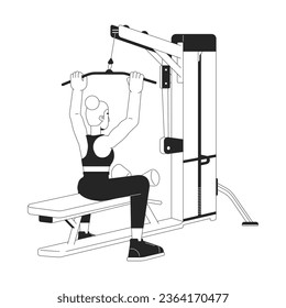 Woman grasping bar on lat pulldown machine flat line black white vector character. Editable outline full body person. Increasing back muscles simple cartoon isolated spot illustration for web design