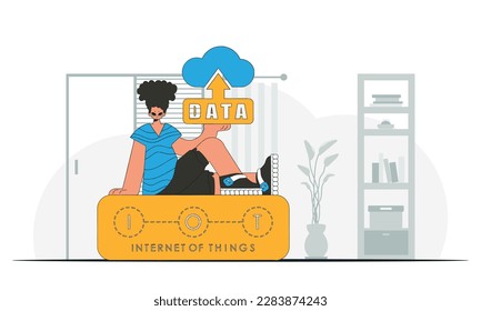 The woman grasps a modern, vector.style cloud storage device in her hands.