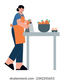 Woman with grater for vegetables and carrots cooking dinner on the kitchen table. Flat vector minimalist illustration of healthy organic food cook