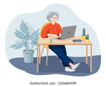 
A woman with gray hair works in the office behind a laptop. Vector illustration isolated on white background. Experienced businesswoman. Stylish elderly woman.