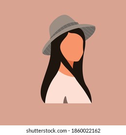 Woman in gray hat on pink background. Woman silhouette portrait. Vector illustration.