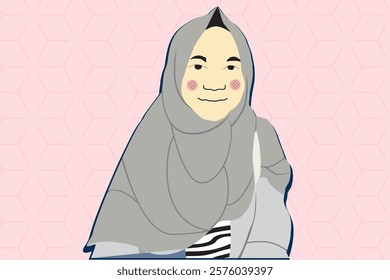 Woman in gray hijab on pink background. Suitable for diverse and inclusive concepts, fashion, or social media content. Vibrant, stylish, impactful.