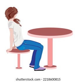 Woman in gray shirt and jeans in sit pose, view from the side illustration.