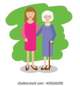 Woman and gray-haired old lady vector illustration. Family theme. Yong woman with grandmother. Grandmother with cane and her granddaughter in flat style