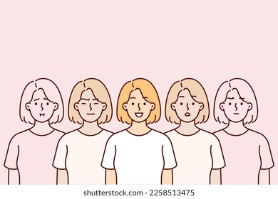 Woman in great mood stands among doubles who are depressed due to stress or problem. Concept frequent mood swings in girls during hormonal fluctuations or psychological health problems