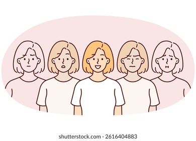 Woman in great mood stands among doubles who are depressed due to stress or problem. Concept frequent mood swings in girls during hormonal fluctuations or psychological health problems