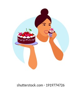 Woman greedily eats cupcake. Vector illustration