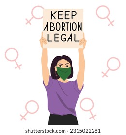 Woman in green bandana protesting against abortion law. Women's rights. Vector illustration