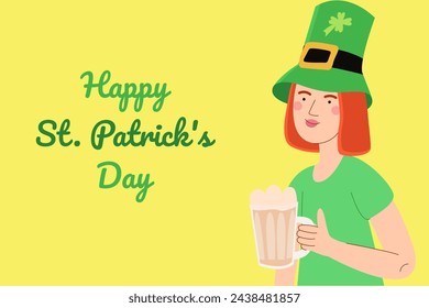 Woman in green bowler hat with drink. Happy St Patrick's Day character. Used for greeting card, and poster design.