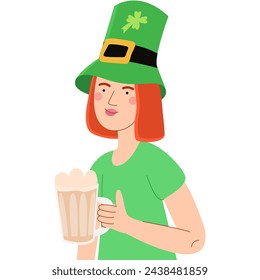 Woman in green bowler hat with drink. Happy St Patrick's Day character. Used for greeting card, and poster design.