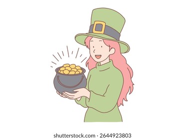 Woman in green dress holding pot of gold with a smile. Happy young girl following Irish tradition on St. Patrick's Day. Hand drawn style vector design illustrations.