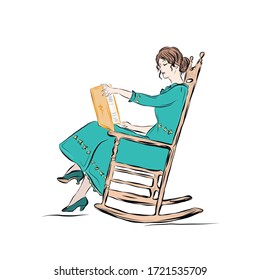 Woman in green dress reads book sitting on the rocking chair.
