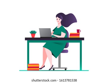 Woman in green dress, sitting on a chair at a table, on it book, mug, potted plant on white isolated background design. Working remotely at the laptop. Colorful vector illustration in flat style
