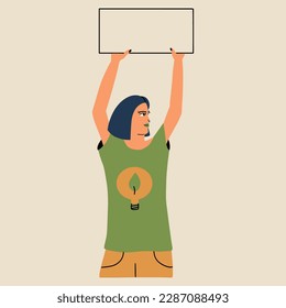 A woman in a green eco-friendly T-shirt holding a sign. The concept of environmental protection. Vector illustration in hand drawn style