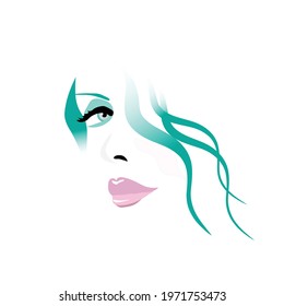 A woman with green hair is featured in a minimalist fashion and beauty illustration.