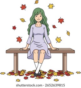 A woman with green hair sits on a bench as colorful autumn leaves fall around her.