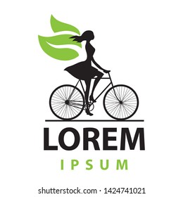 Woman with green leaves wings, riding bike, logo template