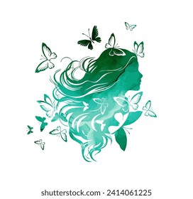 Woman green Profile, Butterflies, Girl's head with butterflies. hand drawing. Not AI. Vector illustration