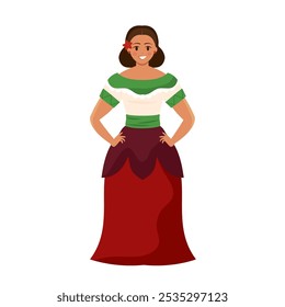 Mujer en vestido mexicano verde y rojo con flor, Vector