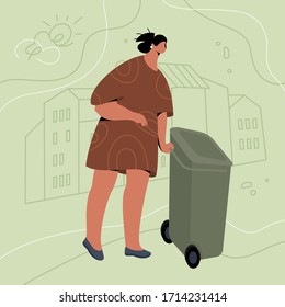 Woman with green residual waste can. Vector illustration of recycling and separate waste. Sustainable living and personal responsibility concept.