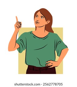 Woman in a green shirt pointing upward with one hand and resting the other on her hip, standing against a yellow background. Clean and modern design. Flat cartoon vector illustration isolated on white