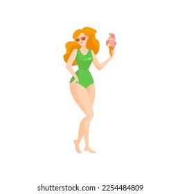 Woman in green swimsuit holding ice cream vector illustration  Cartoon drawing girl in sunglasses eating ice cream cone isolated white background  Summer  vacation  food concept