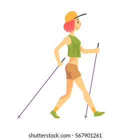 Woman In Green Top With Cap Doing Nordic Walk Outdoors Illustration