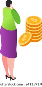 Woman in green top and purple skirt looking at stack of coins. Financial planning and savings concept vector illustration.