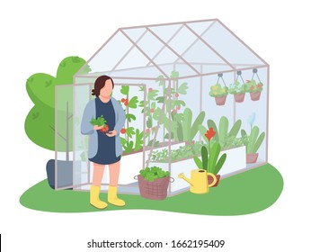 Afiche de la web vectorial 2D para mujeres y invernadero. Mujer sosteniendo un personaje plano de rábano y horticultor sobre fondo de caricatura. Flores y verduras en crecimiento parches imprimibles, elementos web coloridos