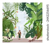 Woman in greenhouse, conservatory, botanical garden, park. Person walking in hothouse, green glass house indoor with greenery, exotic tropical leaf plants growing, nature. Flat vector illustration