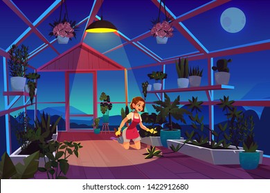 Woman in greenhouse at night time care of garden plants. Girl with shovel in orangery interior with glowing lamp, glass windows and wooden floor, place for growing flowers. Cartoon vector illustration