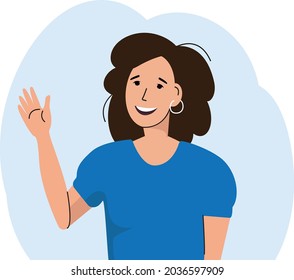 Woman greeting avatar. Girl waving hand. Flat style