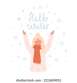 Woman greeting winter season. Happy woman playing with snowflakes. Hello winter greeting card. Winter time. Hand drawn vector illustration