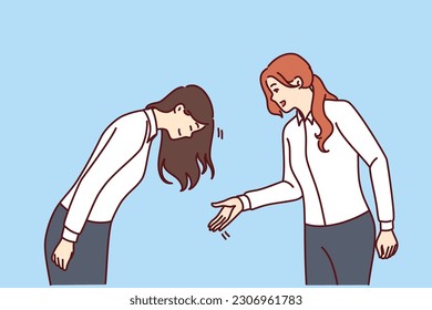 Woman greets asian colleague or potential business partner bows as sign of respect and loyalty. Business people from different ethnic groups demonstrate familiar greetings from their own culture