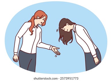 Woman greets asian colleague or potential business partner bows as sign of respect and loyalty. Business people from different ethnic groups demonstrate familiar greetings from their own culture