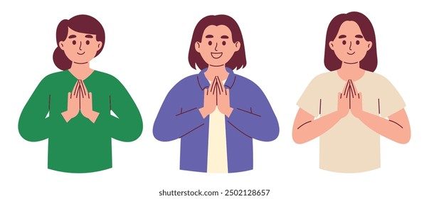 Woman Greets by Clasping Her Hands in Front