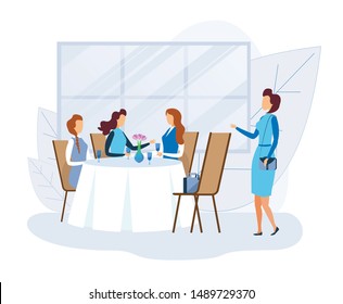 Woman Greets Female Friends Resting at Restaurant. Friendly Company Spending Time Together at Futuristic Cartoon Cafeteria. Girls Drinking Beverages. Relation and Friendship. Vector Flat Illustration